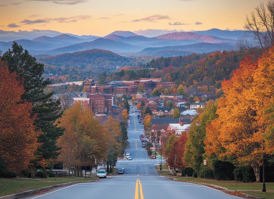 Boone, NC - City Landscape of Downtown in the Blue Ridge Mountains